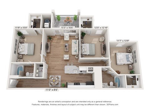 Floor plan for 3 beds, 2 baths, 1353 sqft